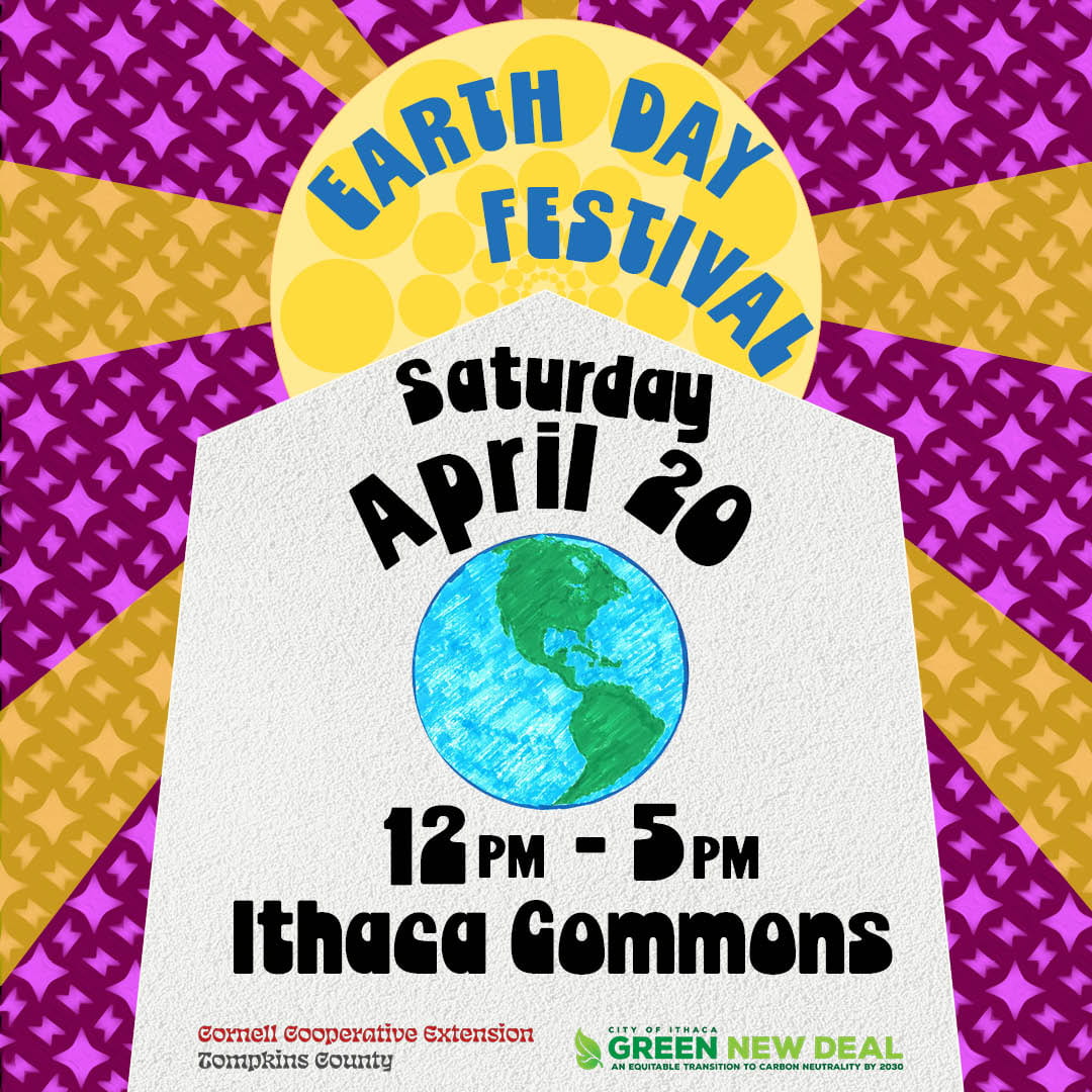 Earth Day Festival Saturday April 20 12PM - 5PM Ithaca Commons An image of an obelisk with a purple starry background and an illustrated planet Earth, with the sun rising behind the obelisk.